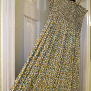 LOFT!>TINY YELLOW BLUE&WHITE FLOWERS MAXI DRESS! ELASTIC TOP>WIDE STRAPS